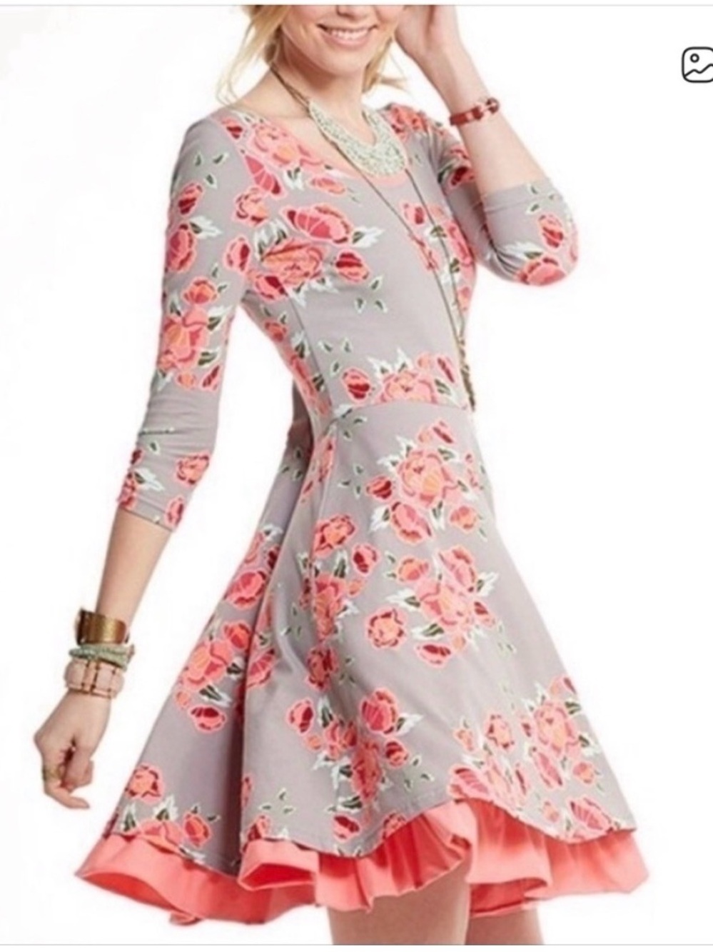 Matilda Jane Gray Floral Fit-and-Flare Dress with Coral Ruffle